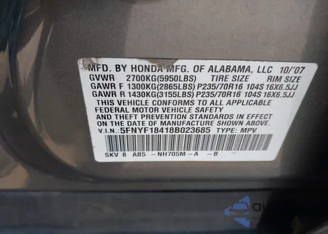 2008 Honda Pilot Ex z USA, uszkodzony, nr VIN 5FNYF18418B023685